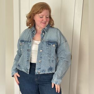 Ulla Popken Cropped Distressed Denim Jacket